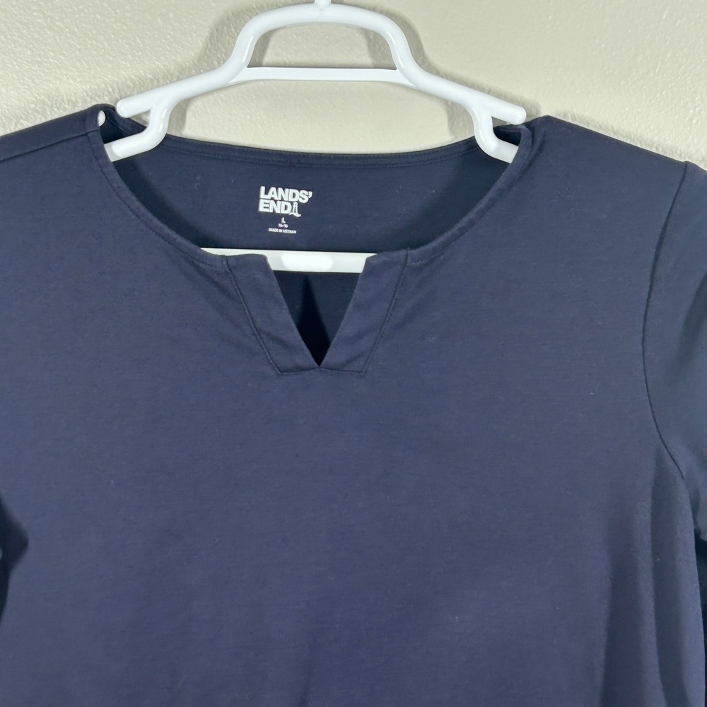 Lands End Womens Navy Blue Notch Neck Long Sleeve Top with Pockets Size L 14-16